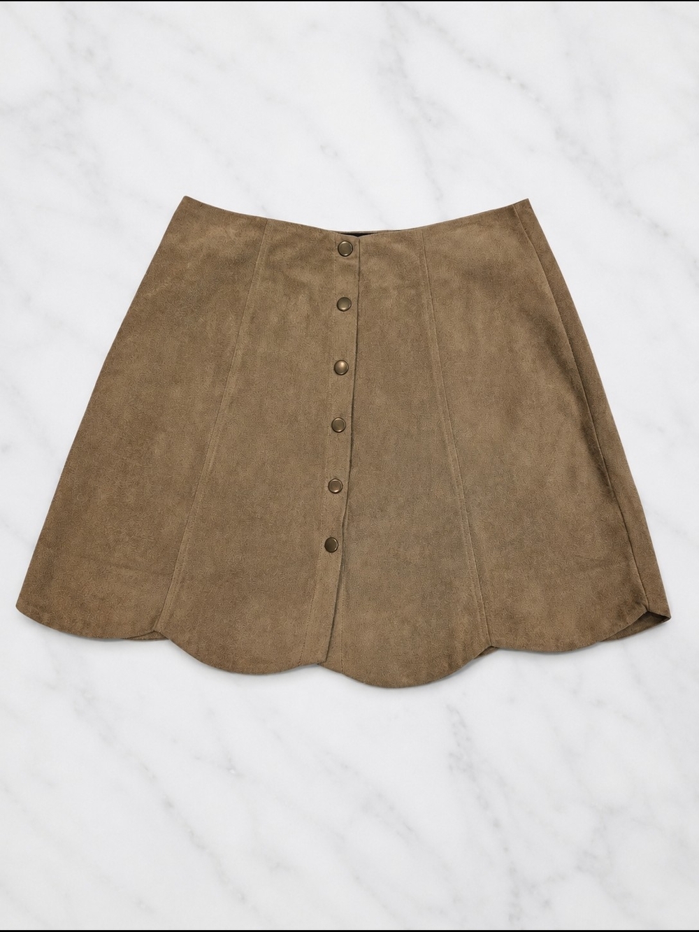 Blue Rain Tan Faux Suede Scallop Hem Button Front Mini Skirt Size M